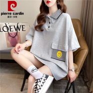 皮爾卡丹（pierre cardin）POLO領(lǐng)短袖T恤女設計感寬松大尺碼夏季新款歐洲站中長(cháng)款上衣服 灰色 4217 M 80-110斤