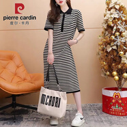 皮爾卡丹（PIERRE CARDIN）長款Polo領(lǐng)連衣裙女過膝新款夏季寬松大碼短袖T恤條紋直筒裙子 黑色【長款過膝】 L 【建議120-140斤】