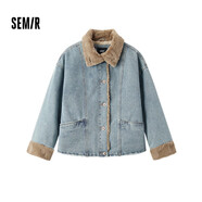 森馬（Semir）牛仔棉服女拼接毛領(lǐng)美式復(fù)古2024冬寬松毛邊夾克街頭109724108017
