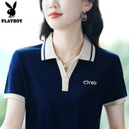 花花公子（PLAYBOY OUTDOOR）時尚短袖T恤女裝夏翻領(lǐng)新款中年媽媽有領(lǐng)上衣運動體恤衫 寶藍色 M (建議100斤以下)