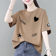 纖蕓沐短袖t恤女夏季寬松百搭韓版顯瘦印花半袖上衣新款女裝休閑短袖女 卡其色（小星星四副圖） 2XL 建議125-140斤