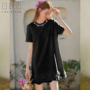 白鹿語夏季圓領(lǐng)釘珠甜美花邊連衣裙網(wǎng)紗拼接寬松顯瘦短裙 黑色  M 