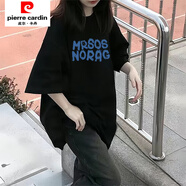 皮爾卡丹【店鋪】棉短袖t恤女夏季新款衣服女生ins寬松ins中長(cháng)款上衣服潮 黑色【MRSOS藍】短袖 棉 M 建議80-110斤