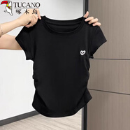 啄木鳥(niǎo)正肩短袖t恤女圓領(lǐng)愛(ài)心刺繡夏季新款褶皺收腰半袖上衣 黑色 M