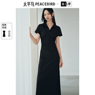 太平鳥女裝連衣裙POLO領長款A字收腰春短袖裙休閑長裙女 黑色 M