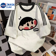 NASALIKE純棉蠟筆小新三條杠恤T男女春夏季寬松短袖韓版新款上衣潮休閑體 白灰色 S