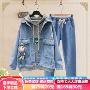 湯靈鼠女童牛仔套裝春秋款洋氣女孩衣服9一12歲時(shí)髦春秋童裝外套牛仔衣13中大童15兒童兩件套女5歲棉 口袋奶牛外套+深色牛仔褲 155（S建議65-80斤穿）