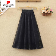 皮爾卡丹（pierre cardin）蕾絲半身裙女夏季新款小個子中長款高腰蓬蓬裙顯瘦百搭鏤空A字裙 黑色 均碼