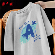 雅鹿短袖T恤男純棉韓版潮流寬松大碼透氣打底衫青少年學生夏天休閑t恤 淺灰/藍墨字母D 3XL （重175-190斤高175-180）