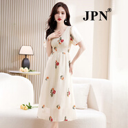 JPN香港潮牌短袖V領(lǐng)連衣裙女2025夏季新款刺繡顯瘦氣質(zhì)收腰打底A字裙 米紅色 M