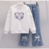 HUALIN FASHION2025童裝女童春裝網(wǎng)紅衛衣套裝洋氣時(shí)髦休閑牛仔褲褲子 白色衛衣套裝 110 (建議身高100-110)