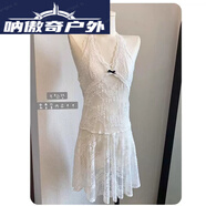 南啵丸甜辣性感蝴蝶結(jié)掛脖吊帶背心女秋季疊穿蕾絲裙薄透修身打底連衣裙 白色 均碼 建議80125斤