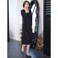 法蘿迪（FA LUO DI）柒院2025春季設計感氣質(zhì)時(shí)尚V領(lǐng)簡(jiǎn)約顯瘦連衣裙高貴長(cháng)款短款裙子 黑色（長(cháng)款112cm） L （建議116-130斤）