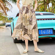 卡米蘭（kamilan）設計感裙子女2025夏季新款高腰半身裙中長(cháng)款碎花傘裙印花A字裙 黃棕色 L