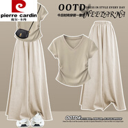 皮爾卡丹（pierre cardin）禪意風(fēng)休閑短袖兩件套茶系山本褲裙套裝女酷搭配一整套夏裝2025 卡其上衣+奶杏色山本褲裙【夏裝 S