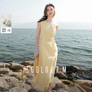 三彩2025夏季新款無袖背心裙圓領(lǐng)收腰A字裙長(zhǎng)裙清新度假M(fèi) 嫩黃色 S 155/80A