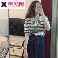 希蘇隆yy潮流女裝2025年新款復古條紋寬松POLO領短袖t恤針織衫女夏季甜 杏色 S 8090斤