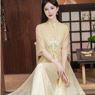 木清清中國風(fēng)禪意茶服女2025夏季新款刺繡新中式仙氣飄逸旗袍改良連衣裙 杏色鳳影 M