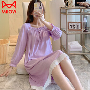 貓人（MiiOW）睡衣女士春秋季薄款純.棉長(cháng)袖休閑甜美可愛(ài)花邊孕婦月子家居睡裙 #XF-2033紫色 M 160