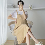 依鎏衣品2025春夏新款純棉孕婦背帶裙假兩件短袖T恤寬松大碼孕婦過(guò)膝長(cháng)裙 卡其色2326# XL適合130-145斤