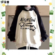 伊琦蕾（YIQILEI）單/套裝春秋插肩連帽學(xué)院風(fēng)衛(wèi)衣女學(xué)生顯瘦休閑褲網(wǎng)紅穿搭兩件套 黑拼白連帽上衣【不加絨/*單件】 S 【75-90斤內(nèi)】