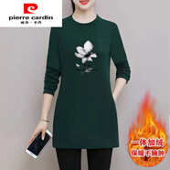 皮爾卡丹（pierre cardin）買一送一加絨加厚雙面德絨女士打底衫秋冬時(shí)尚大碼體恤裙保暖上衣 墨綠色(蘭花)保暖德絨 2XL 建議(135-145斤)