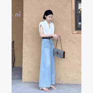 妍莉芬（yanlifen）2025年夏裝搭配一整套裝女氣質(zhì)名媛茶系穿搭衣服冷淡風(fēng)感牛仔褲裙 淺藍(lán)色闊腿褲(送腰帶) XL 【適合115斤-130斤】