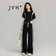JVH香港潮牌運動(dòng)休閑褲套裝女 2025夏季新款寬松露肩短袖T恤闊腿長(cháng)褲 黑色兩件套 XL