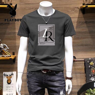 花花公子（PLAYBOY）夏季短袖t恤男士2025新款韓版印花上衣服時尚休閑棉質(zhì)半袖體恤衫 TB080深灰-LR M 90斤-115斤