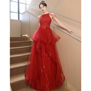 唐努烏大碼敬酒服新娘酒紅色結婚訂婚回門(mén)氣質(zhì)禮服連衣裙女平時(shí)可穿 流蘇設計紅色 S