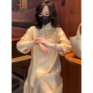 AEMAPE2025中長款七分袖刺繡繡花連衣裙淑女套頭新款改良國風(fēng)旗袍連衣裙 圖片色 L 建議120-140斤