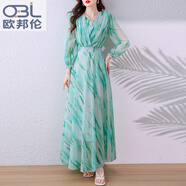 歐邦倫2025新款女裝夏季歐美高個子雪紡到腳踝氣質(zhì)超長款拖地長裙連衣裙 綠色 S 【建議85-90斤】