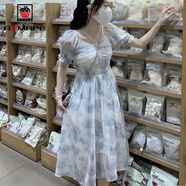 AEMAPE茶歇法式碎花連衣裙夏小清新氣質(zhì)甜美仙女在逃公主溫柔初戀長裙 藍(lán)色 【收藏店鋪優(yōu)先發(fā)貨】 S