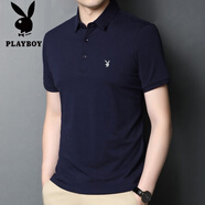 花花公子（PLAYBOY）高端100%純棉短袖t恤男士2025夏季新款爸爸裝全棉純色半袖POLO衫 藏青色 2XL 180(適合體重150-170斤)
