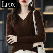 LPOX2025新款V領(lǐng)針織衫長袖針織打底衫女毛衣修身內(nèi)搭毛衫百搭上衣女 北美焦糖  2XL 建議125-145斤