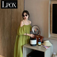 LPOX綠色法式藝術(shù)感吊帶一字肩連衣裙女夏季寬松海島風(fēng)度假背心仙女裙 綠色 M