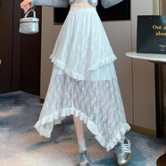 月半晴（YUEBANQING）仙女蕾絲不規(guī)則蛋糕2025甜美小眾半身裙半身長裙ins個性減齡 白色 高品質(zhì) 有內(nèi)襯 彈力腰 M 95-110