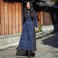 生活在左藍印花布系列夏秋季新款藏青藍中國風(fēng)改良版旗袍連衣裙女 藏青藍 2XL