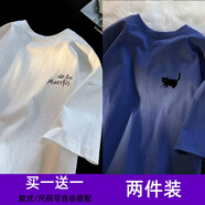 威覺（WEIJUE）【買一送一 包郵】男士t恤短袖夏季美式上衣男圓領寬松5分袖體恤 T2711藏青色+T2714白色 S