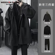 威登羊夾棉連帽呢子外套男中長(cháng)款毛呢夾克大衣男秋冬季加厚黑色衣服男裝 夾克+黑高領(lǐng)毛衣+黑加絨西褲【三 XL (170) 135-165斤