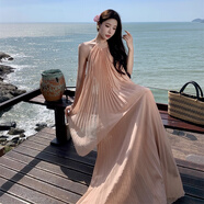 以歐（YIOU）海邊度假連衣裙大露背長(cháng)裙氛圍拍照女神穿搭性感仙氣套裝裙子8009 藉粉色 S