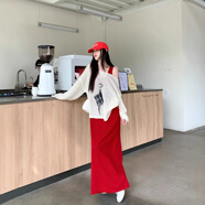 HUALIN FASHION韓版針織罩衫連衣裙女U領(lǐng)后開叉長裙 紅色背心連衣裙 S