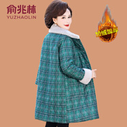 俞兆林（YUZHAOLIN）媽媽冬裝外套中長款棉大衣大碼中老年女加絨加厚棉襖保暖棉服 329-綠色格 2XL (參考105-120斤)