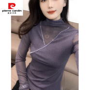 皮爾卡丹2025春季新款半高領(lǐng)網(wǎng)紗長袖T恤女歐洲站釘珠修身打底衫亮絲上衣 紫色 2XL 120-130斤