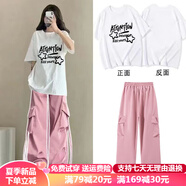湯靈鼠女童夏裝套裝新款初中生休閑短袖工裝褲兩件套女大童夏季女孩衣服 -109白色上衣+粉工裝褲【套裝】 160 【建議90-100斤】