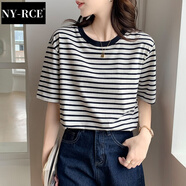 NY-RCE綠色條紋短袖T恤女夏季春裝新款寬松圓領(lǐng)百搭體恤小眾上衣服 藏藍(lán)色條紋 XL