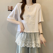 皮爾卡丹蝴蝶結刺繡短袖t恤女夏裝大碼胖mm蕾絲拼接裙擺上衣中長(cháng)款打底衫 白色上衣夏季穿搭女裝/超洋氣歐 4XL 建議180-200斤