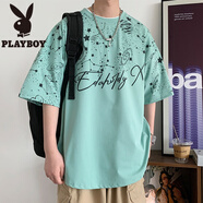 花花公子（PLAYBOY）冰絲短袖t恤男夏季潮牌滿天星半袖男寬松上衣青少年五分袖體恤衫T A258綠色 L 約115~130斤可穿
