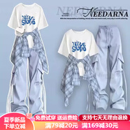 湯靈鼠女童夏季套裝新款初中學(xué)生女休閑三件套女大童短袖襯衫工裝褲夏裝 藍(lán)色兩件套 短袖+工裝褲 150 碼【建議75-90斤】