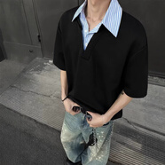 plory男裝青少年寬松型常規(guī)款感假兩件襯衫領棉短袖男夏季T恤Polo 黑色 XL